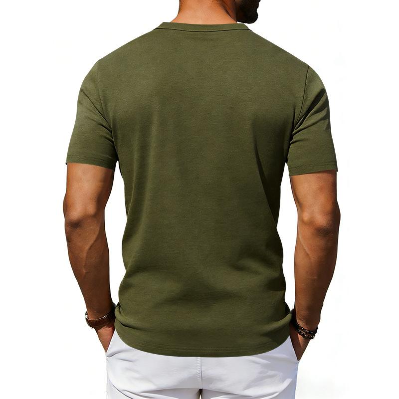 Мужская футболка-henley с контрастными плечами, коротким рукавом, карманом, повседневная