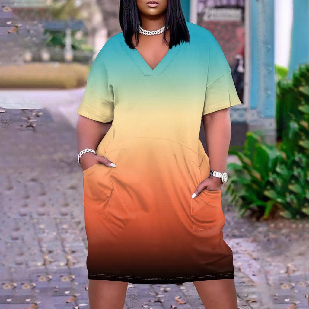 Лето плюс размер V-образным вырезом с коротким рукавом и карманом до колена с градиентным принтом повседневное платье для женщин