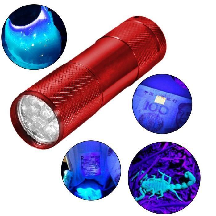 Lampe de poche - OMABETA - Mini torche UV - 9 LED - 365-400 nm - Aluminium Rouge