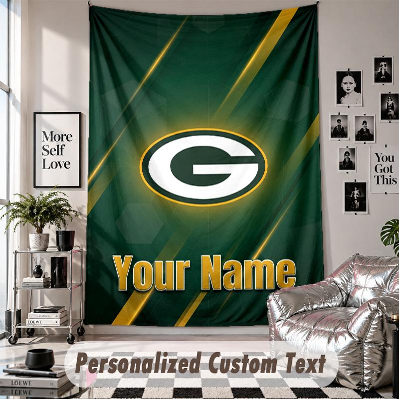 Wall Hanging Tapestry With Custom Name & Text, Green Bay Packers Decorative Tapestry For Bedroom
