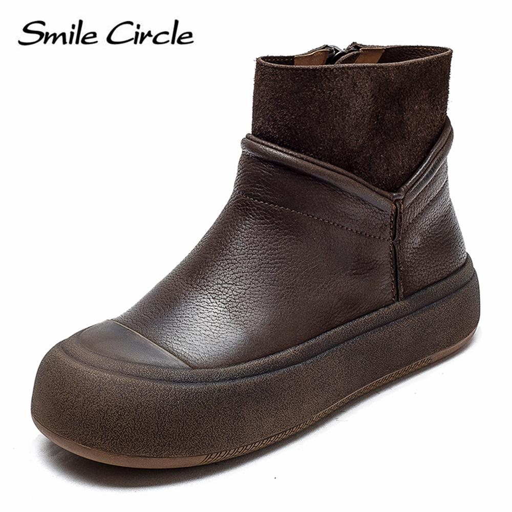 Женские ботинки из натуральной кожи, ботильоны с круглым носком и боковой молнией, модная повседневная обувь на массивном каблуке