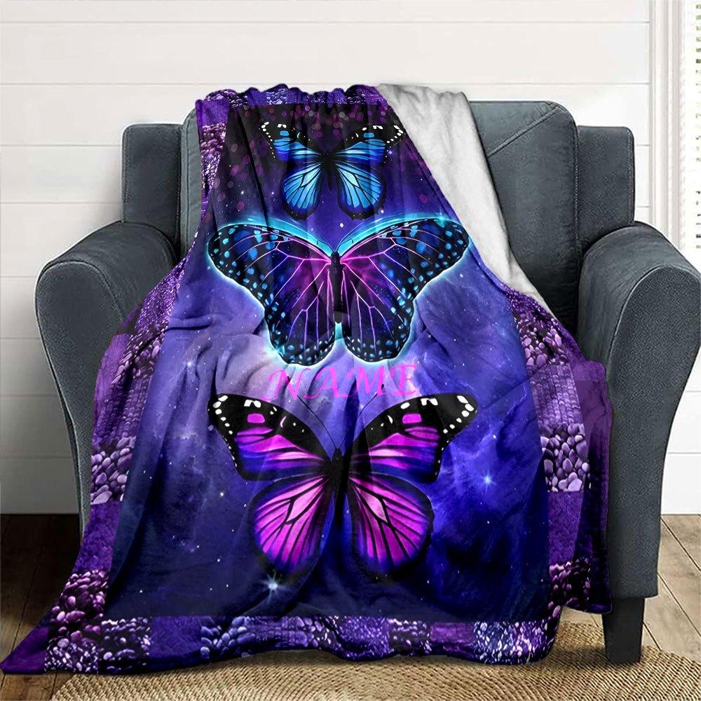 Vibrant Butterfly Galaxy Design Home Customize Your Name Blankets Soft And Cozy With Lightweight Feel Perfect For Bed Sofa Office Picnic Living Room
