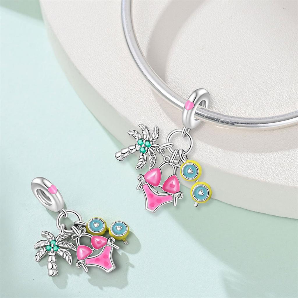 S925 Silver Summer Vacation Sun Beach Castle Sports Bead Pendant DIY Handmade Jewelry Bracelet Making Accessories