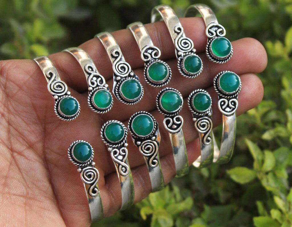 Green Onyx Gemstone 925 Sterling Silver Plated 10 PCs Cuff Bangle VI-72