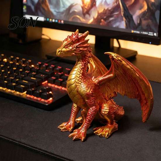 Gothic Home Decoration Dragon Resin Statue, Sitting Wyvern Sculpture, 3D Medieval Figurine, Fantasy Desktop Creature Figurine Ornament for Game