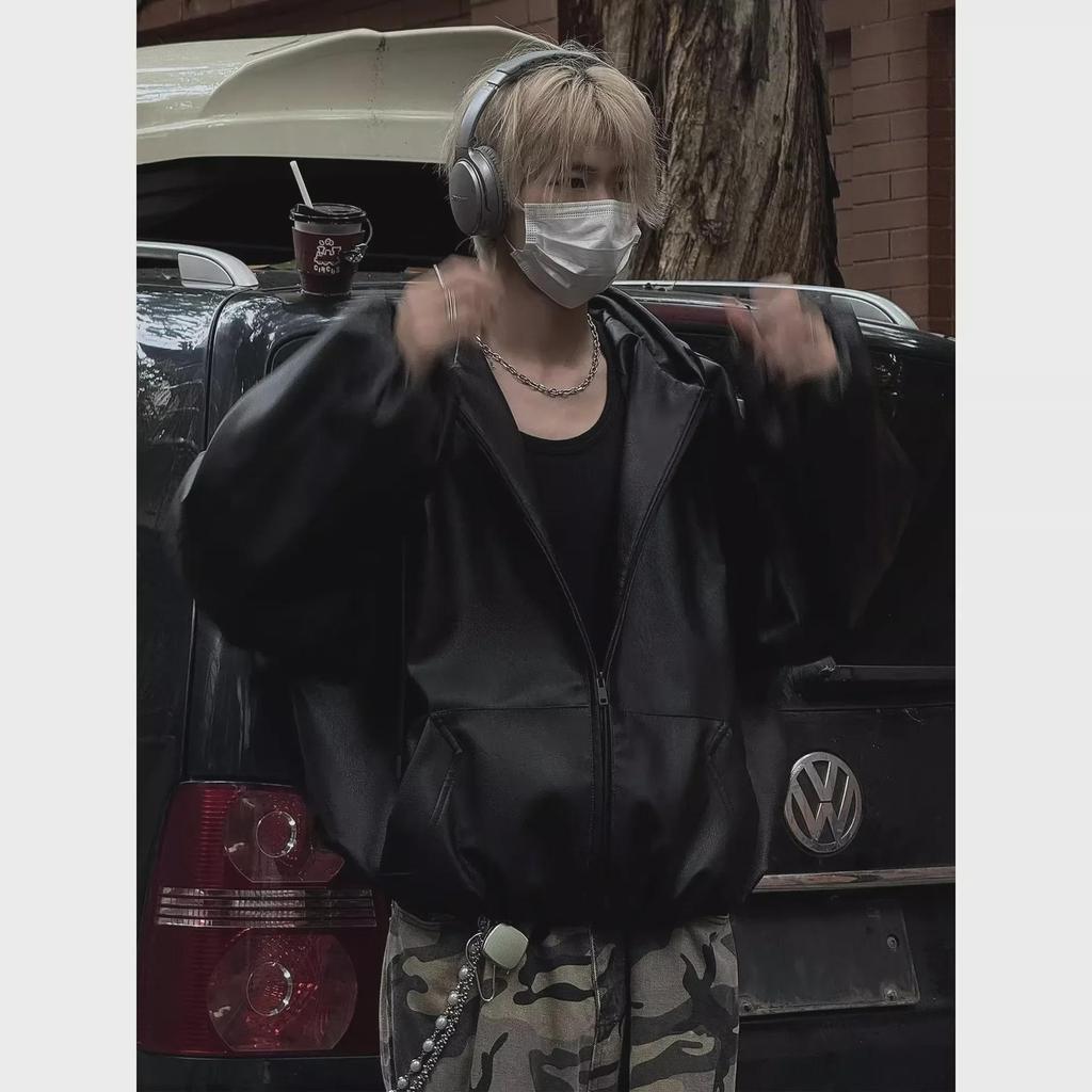 Men's Black Hooded PU Leather Baseball Jacket - Stylish Retro Spring/Autumn Outerwear