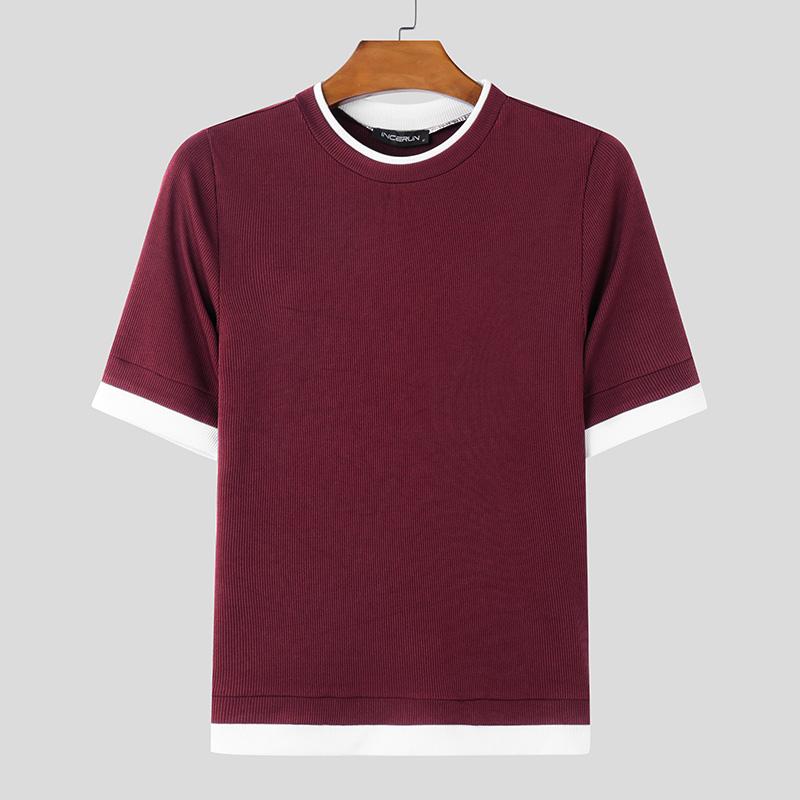 INCERUN Летние мужские футболки с коротким рукавом и круглым вырезом, с резинкой, скинни