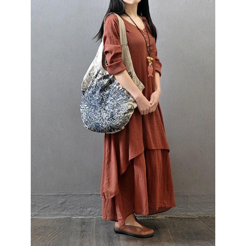 Винтажное летнее бохо миди платье женское элегантное однотонное многослойное платье с длинным рукавом модное свободное повседневное платье с V-образным вырезом Vestidos