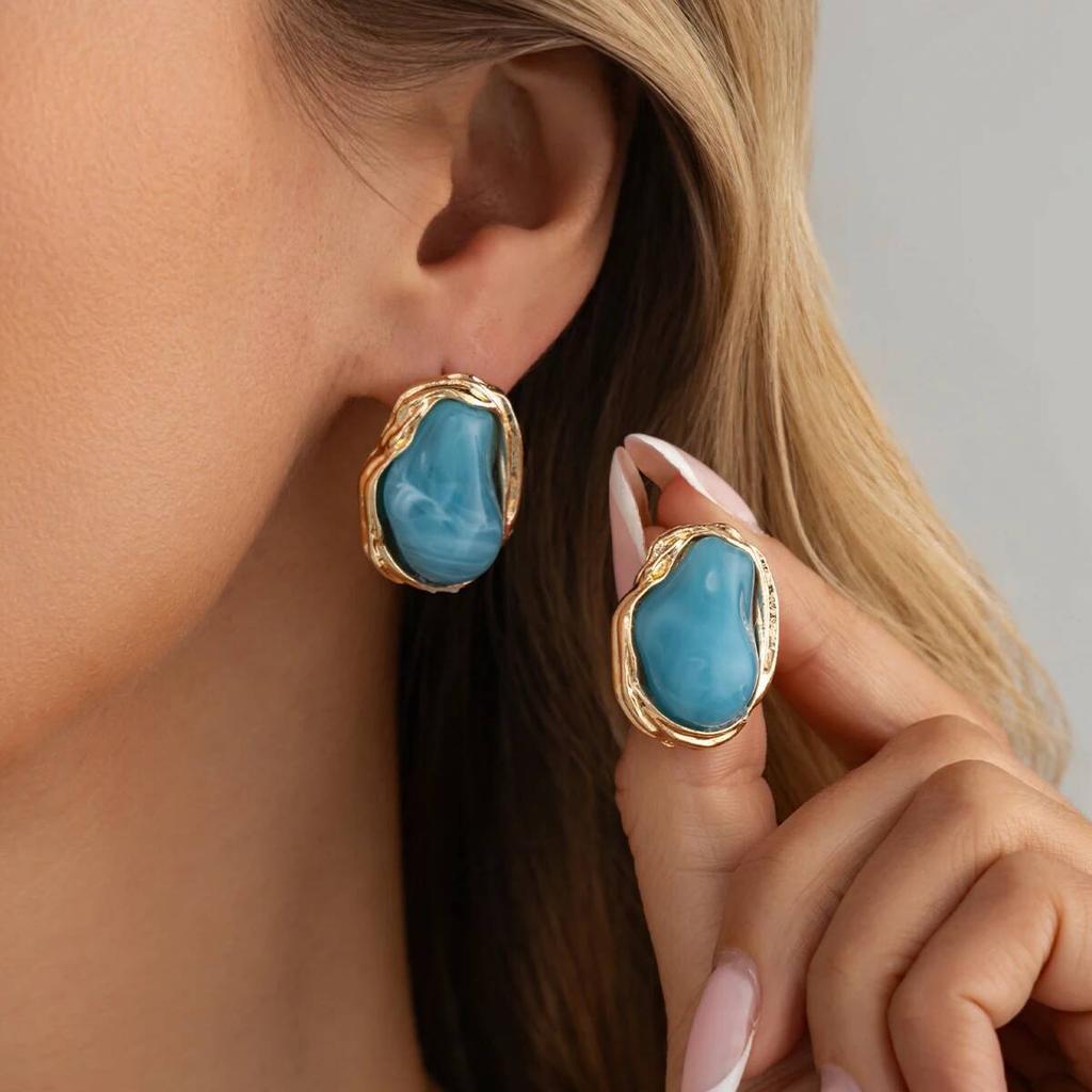 Salircon 8 Colors Classic Irregular Inlaid Resin Stud Earrings Women Vintage Geometry Acrylic Piercing Earrings Fashion Jewelry
