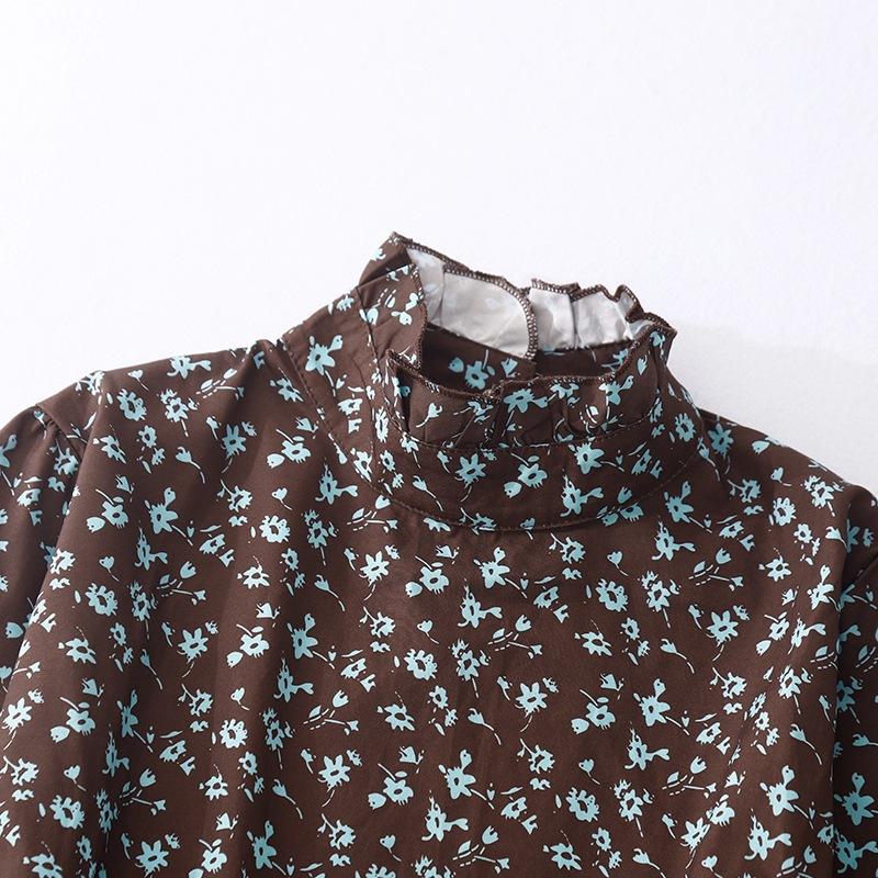 2025 весна и осень новое платье из хлопка и льна с принтом, уменьшающее возраст и стройнящее, женское свободное платье, скрывающее живот, с воротником-стойкой и длинными рукавами, с цветочным принтом