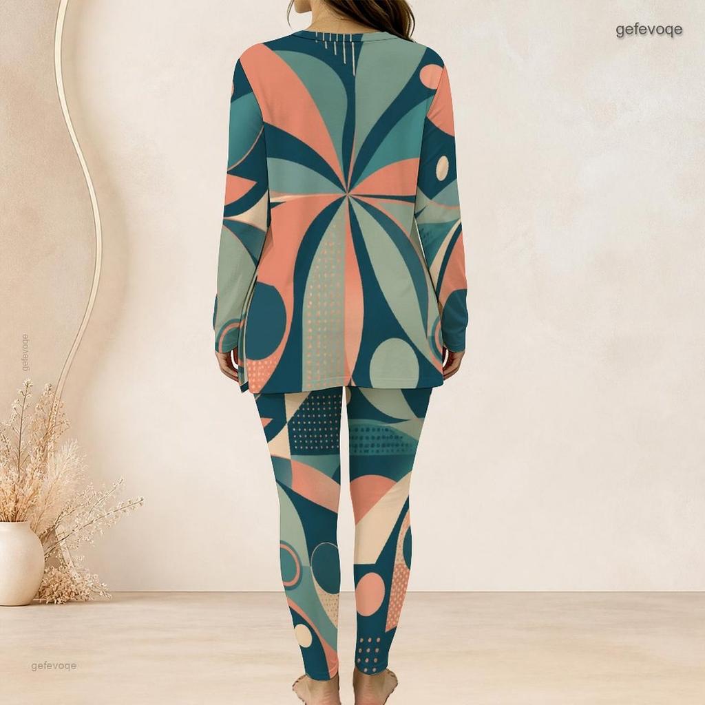 Women Plus Size Printed Half Zip Long Sleeve Longline Top And Fitted Pants Two Piece Set