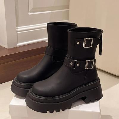 Модные женские ботильоны, осенняя рабочая мода, элегантный панк-стиль 2024, новые черные роскошные кожаные короткие ботинки на низком каблуке с круглым носком на платформе
