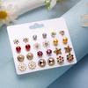 12 Pairs Earrings Set Stud Crystal Pearl Butterfly Flower Heart Women Jewelry