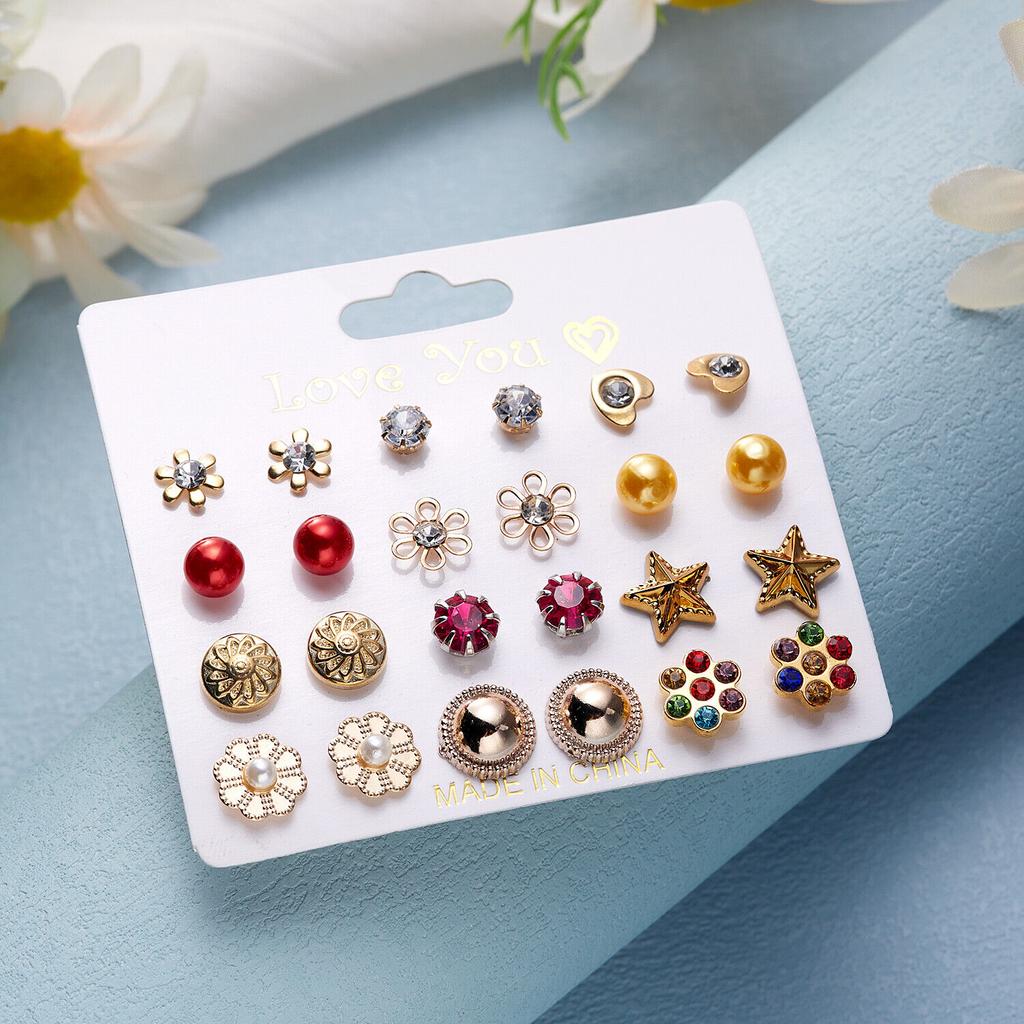 12 Pairs Earrings Set Stud Crystal Pearl Butterfly Flower Heart Women Jewelry