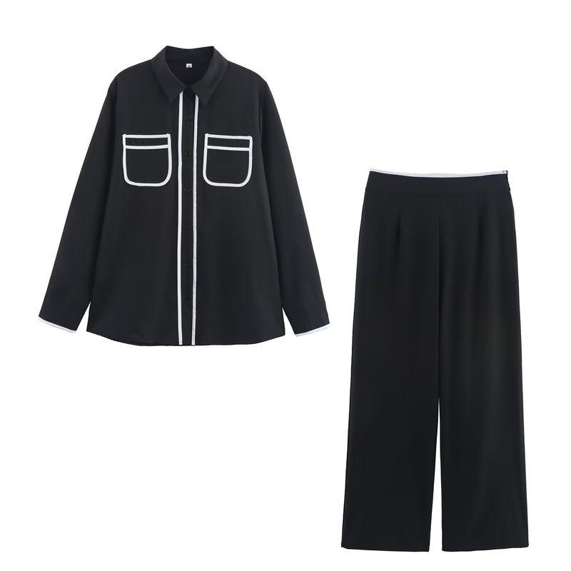 Kaslead New Women Clothes Western Style Simple Retro Contrast Color Shirts Straight Pants Set