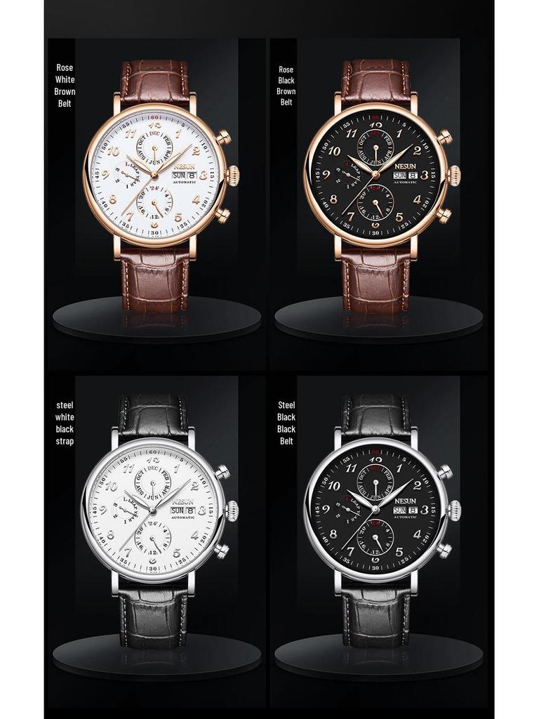 Мужские автоматические механические часы NESUN, многофункциональные водонепроницаемые наручные часы из кожи и стали 9029