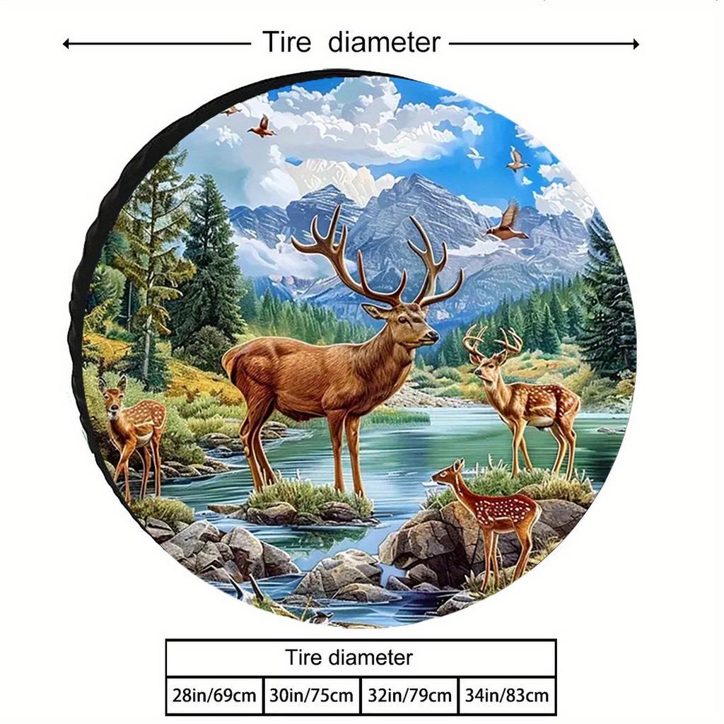 Forest Deer Pattern Spare Tire Cover Universal Windproof UV Protection for RV SUV Truck 14-17 Inch