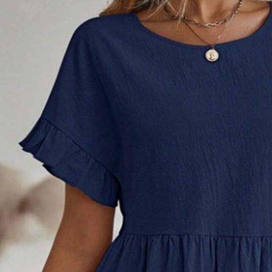 Летнее мини-платье с оборками, короткими рукавами, О-образным вырезом, плиссированное платье А-силуэта, однотонное платье со свободным подолом для свиданий, шопинга, путешествий