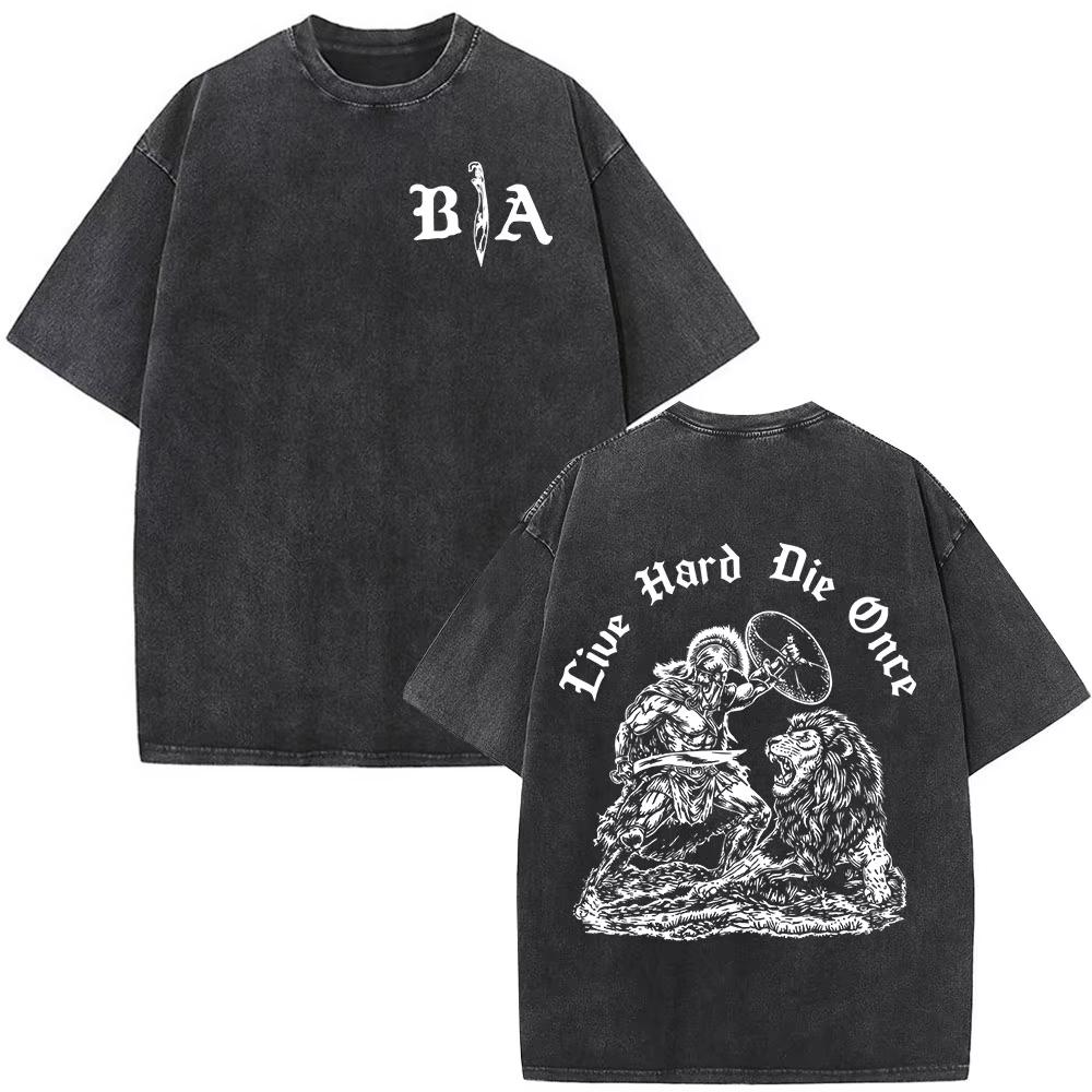 Vintage Washed Justicia Brothers in Arms Double Sided Print Tshirt Men Clothing Casual Cotton Short Sleeves T Shirts Ins