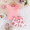 Girls Cute Shoulder Bow Top + Floral Shorts Set 2025 Summer Kids Casual Set