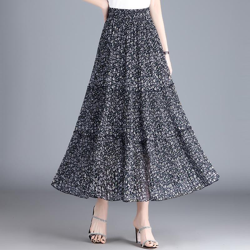 Белая шифоновая юбка женская летняя плиссированная юбка с цветочным принтом и высокой талией, женская драпированная тонкая пышная длинная юбка