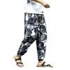 2023 Мужские осенние брюки большого размера из хлопка и льна с цветочным принтом в стиле ретро Slim-Fit