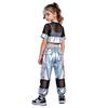 Kids Girls Hip Hop Jazz Dance Set Short Sleeve Number Graphic Hollow Out Mesh Crop Top with Shiny Cargo Pants for Stage Performance Competition