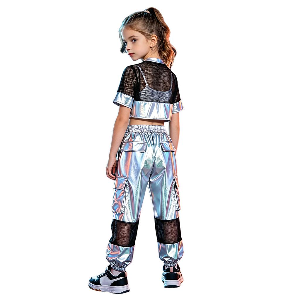 Kids Girls Hip Hop Jazz Dance Set Short Sleeve Number Graphic Hollow Out Mesh Crop Top with Shiny Cargo Pants for Stage Performance Competition