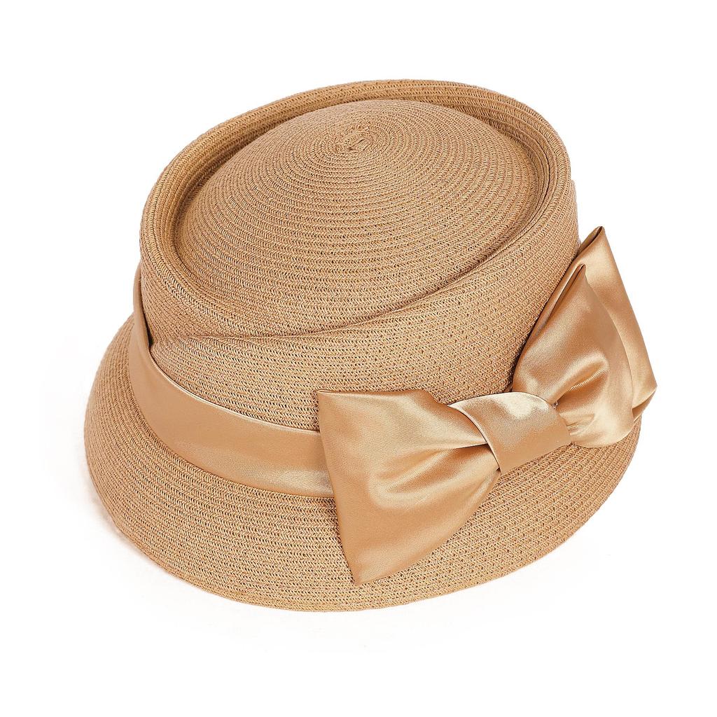Women’s Vintage Straw Cloche Church Hat with Satin Bow | Elegant Bowler Bucket Hat for Tea Party Wedding Garden Formal Events