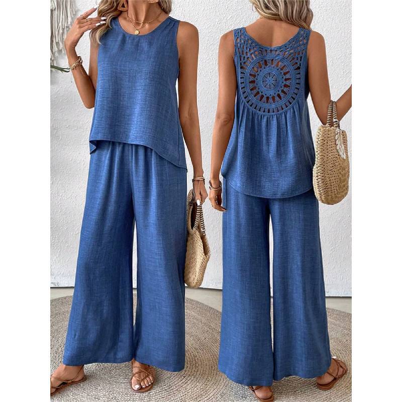 Bohemian Style Sleeveless Top And Wide Leg Pants Set With Polyester Fabric For Casual Summer Wear