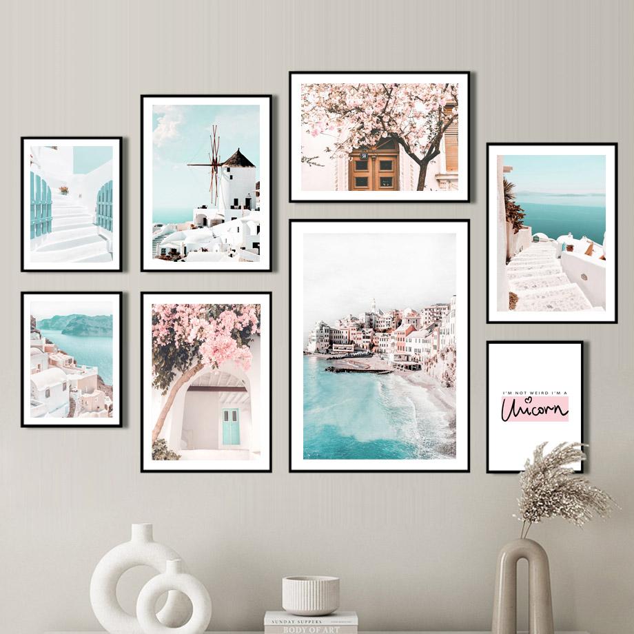 Santorini Greece Island Aegean Sea Sakura Wall Art Canvas Painting Nordic Posters And Prints Wall Pictures For Living Room Decor