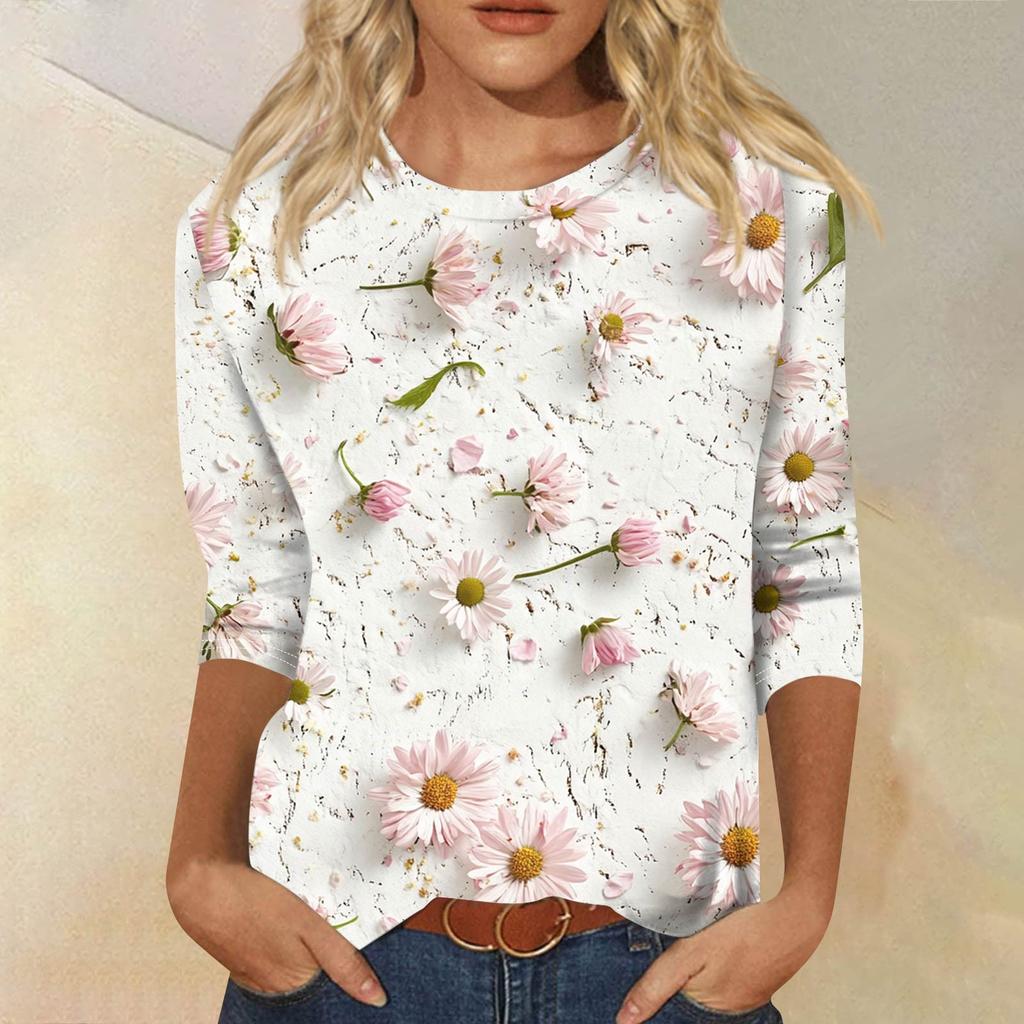 Women's Fashion Casual Seven Sleeve Printed Round Neck T-Shirt Top
