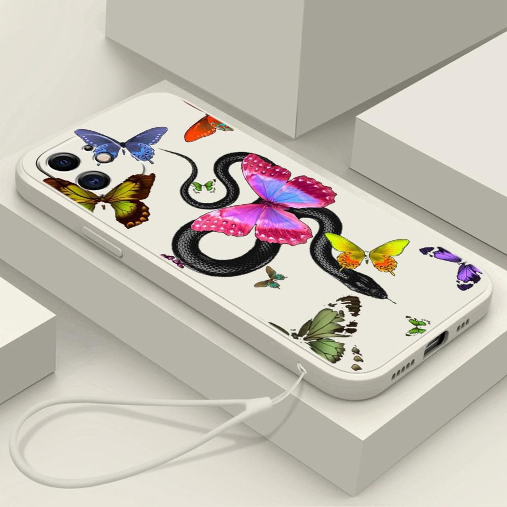 N77 Бабочка Черное Золото Змея с ремешком Силиконовые чехлы для телефонов с прямыми краями для Xiaomi Poco X5 Redmi Note 13 Pro 12C Realme Huawei Противоударный чехол