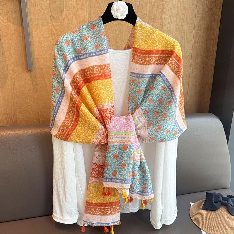 2025 spring and summer new rainbow celebrity style cotton and linen silk scarf female mother elegant commuter air-conditioned room shawl fashion