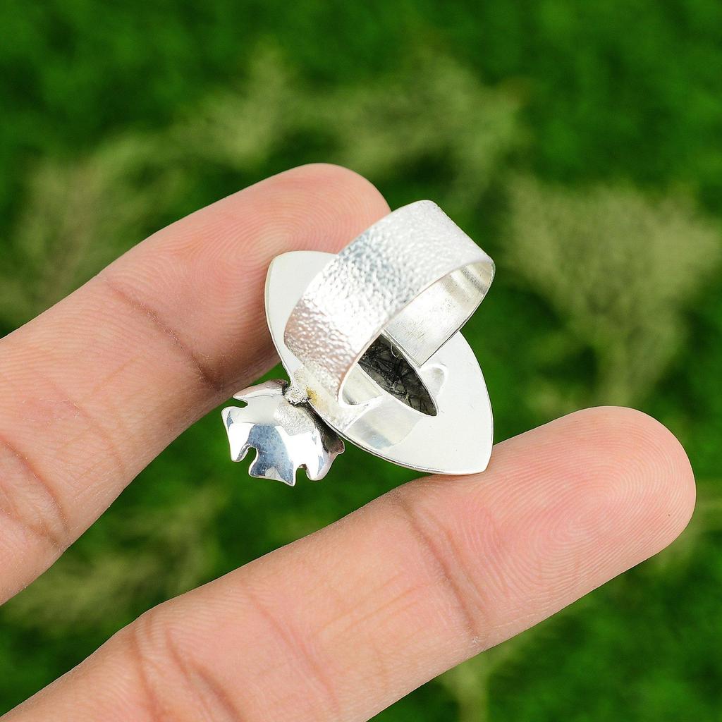 Gift For Her Natural Black Rutile Statement Flower Ring Size 9 925 Silver