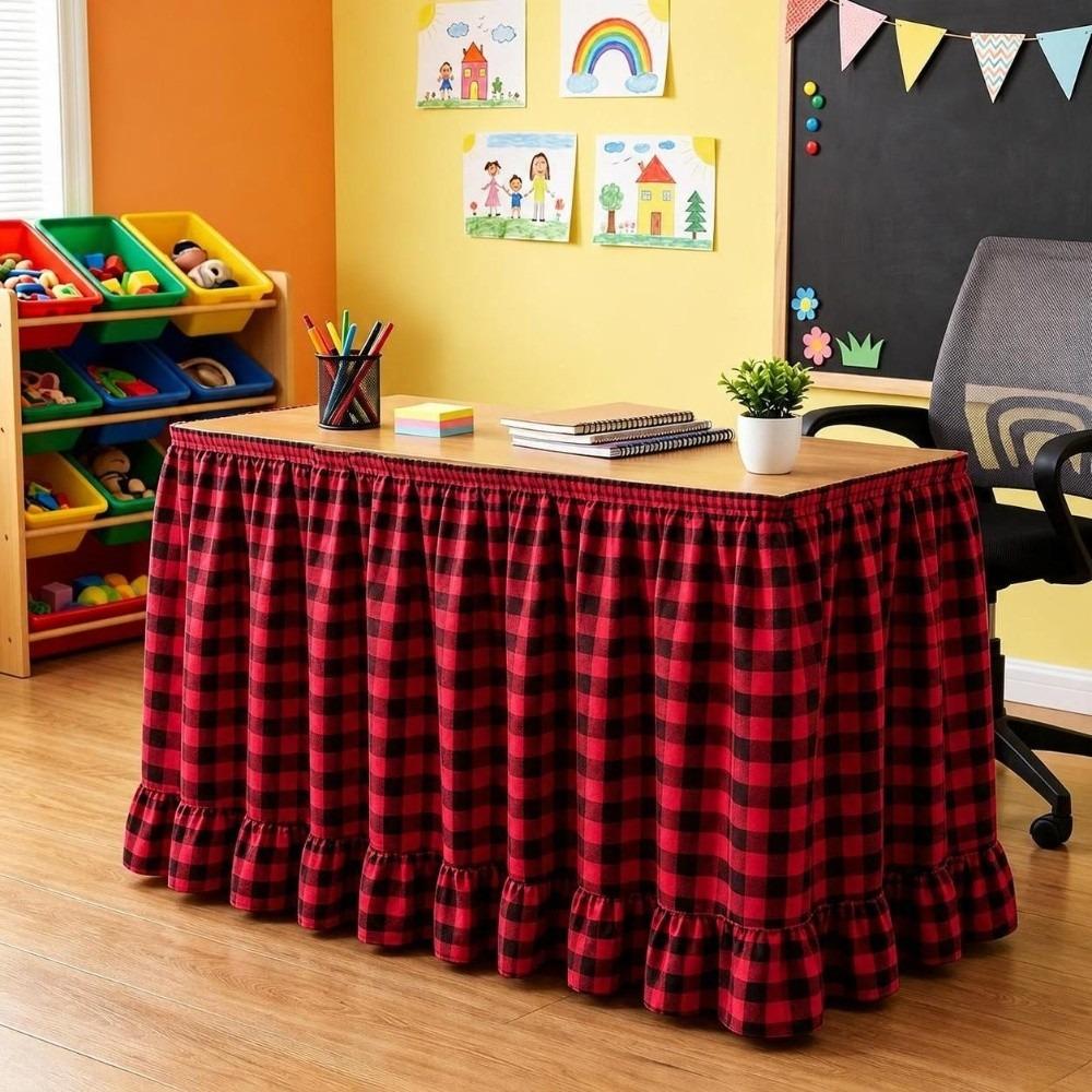 Hook and Loop Teacher Desk Skirt Ruffled Edge Table Wrap Rural Gingham Table Skirt Classroom