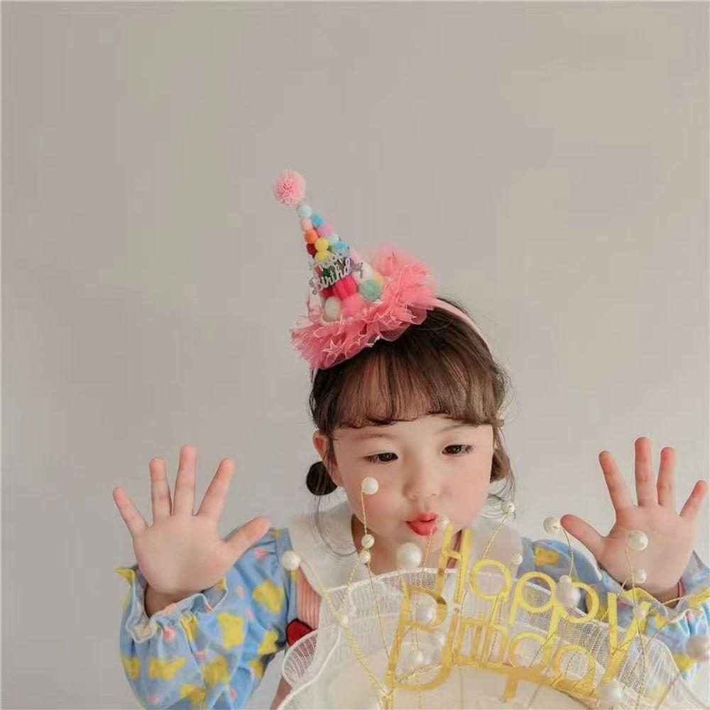 Разноцветная шляпа на день рождения, повязка на голову в корейском стиле, кружевной сетчатый обруч для волос, повязка для волос с днем ​​рождения, детская