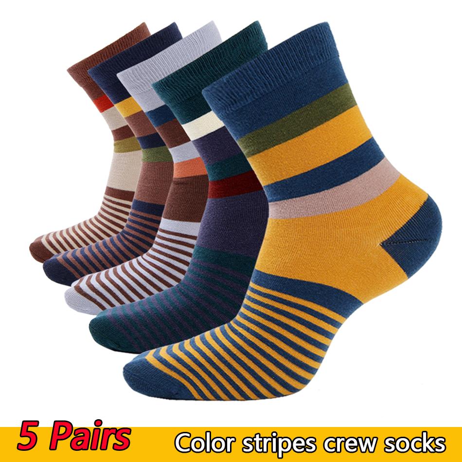 5 Pair-pack Men's Dress Crew Socks Cotton Funny Colorful Stripe Novelty Style Classic Sock for Men Size Eur 38-45 (US6-11)