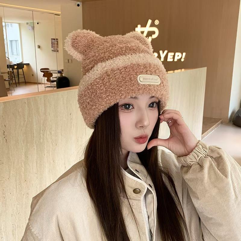 Hat Women's Autumn and Winter Sweet and Cute Ear Wool Hat Outdoor Warmth Thick Ear Protection Face Small Pullover Hat Trendy