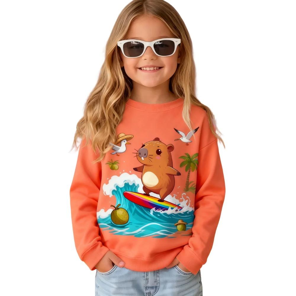 Spring and Autumn Round Neck Cartoon Capybara Pattern 3D Printed Top Fashionable Casual Long Sleeved Children's Girl T-shirts