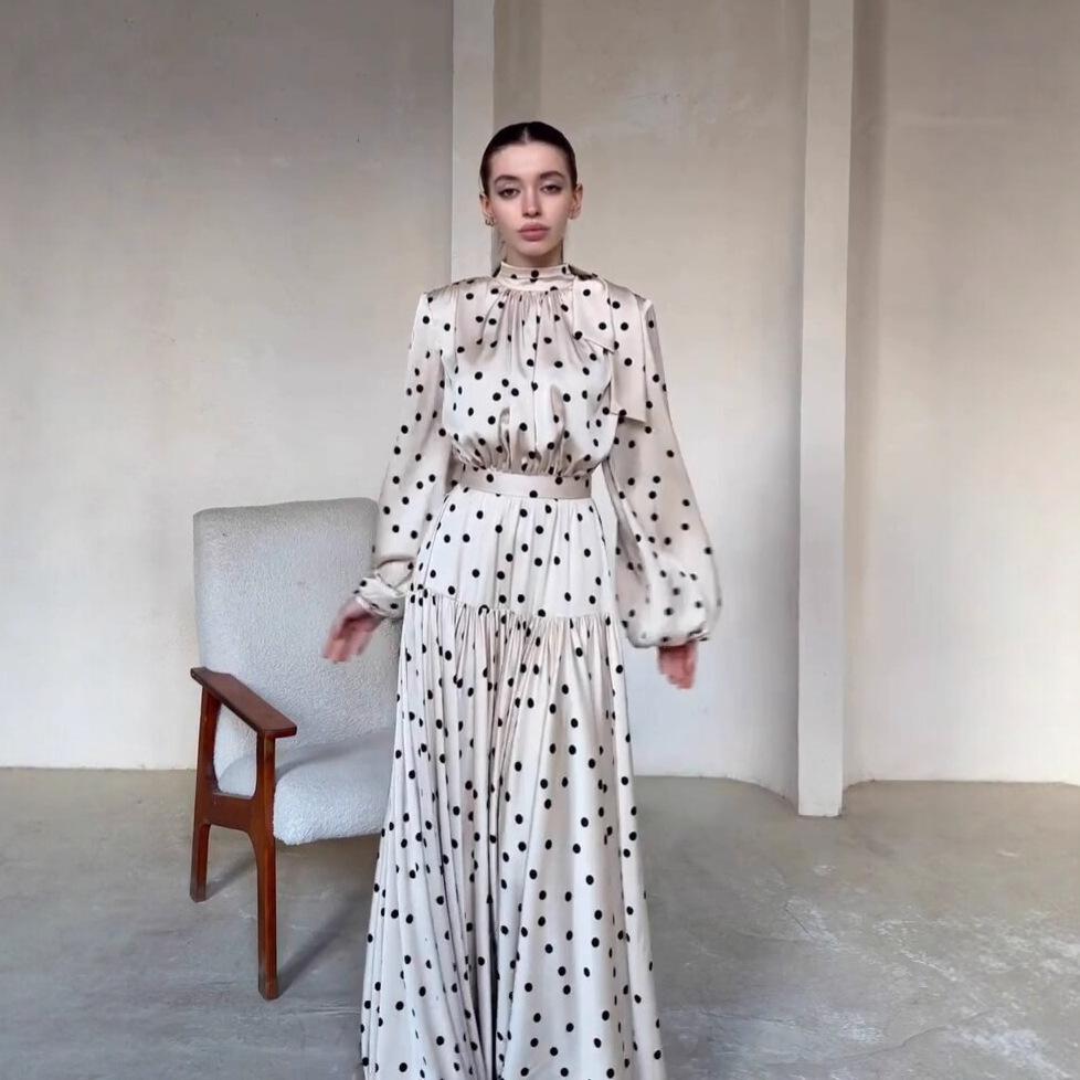 Европейская и американская женская одежда весна новая мода темперамент ретро в горошек рукав-пузырь большое расклешенное платье