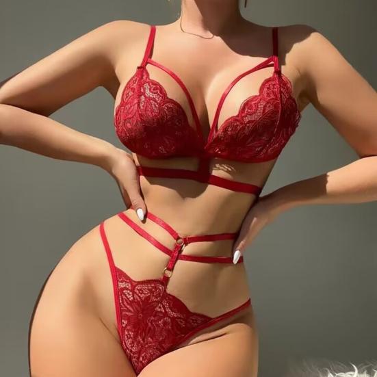 2 Pcs/Set Bra Briefs Set See-through Lace Embroidery Hollow Out Multi Straps Solid Color Thin High Waist Wedding Night Honeymoon Valentines Day