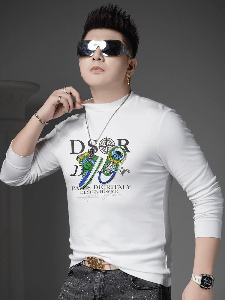 Ozhouzhan 2025 Autumn New Half-high Collar Men's T-shirt Trendy Casual Print Top Long sleeve Bottoming Shirt Men