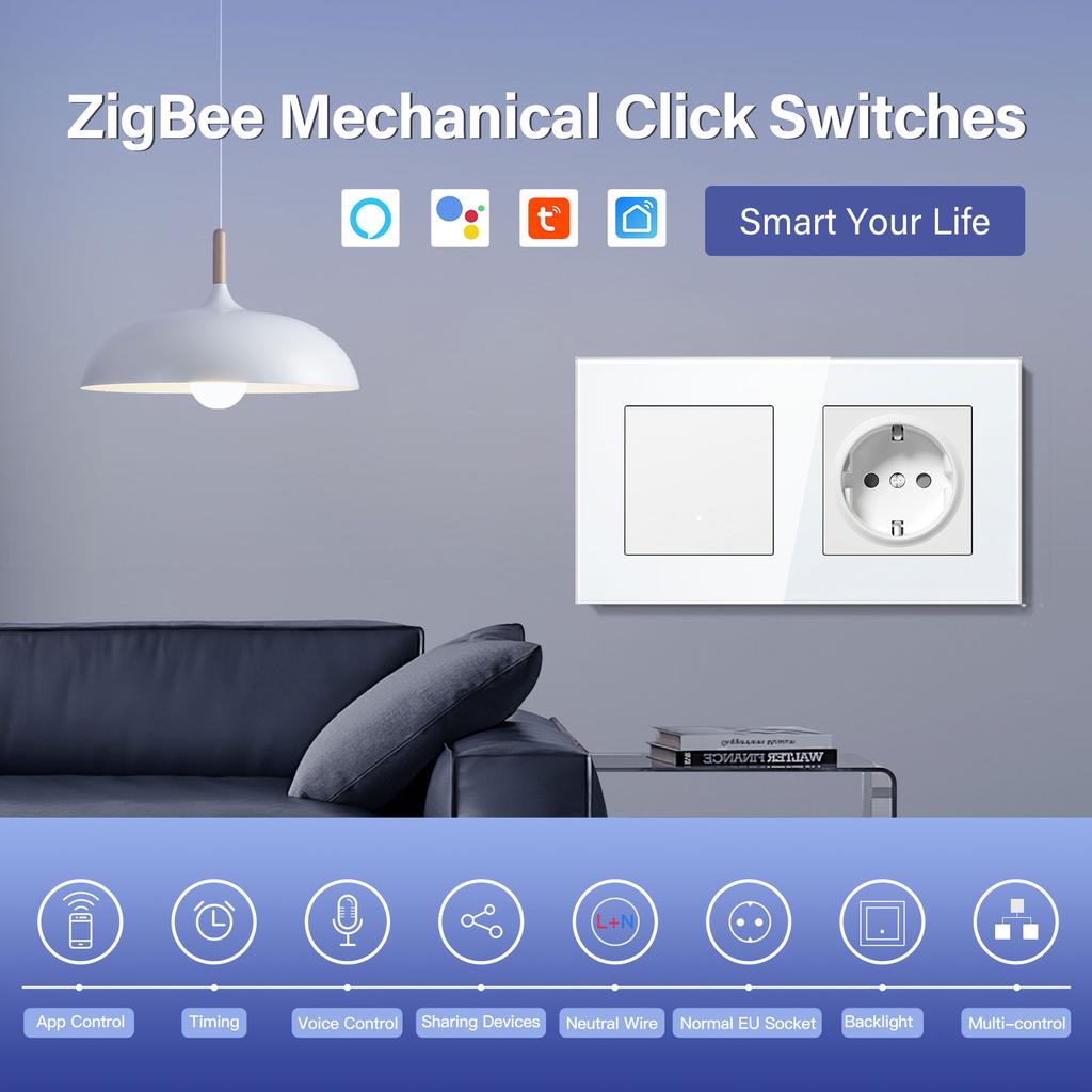 BSEED ZigBee Выключатели Настенные Умные Щелчковые Выключатели Света Желтая Подсветка Стеклянная Рамка Приложение Tuya Выключатель EU Настенные Розетки с USB