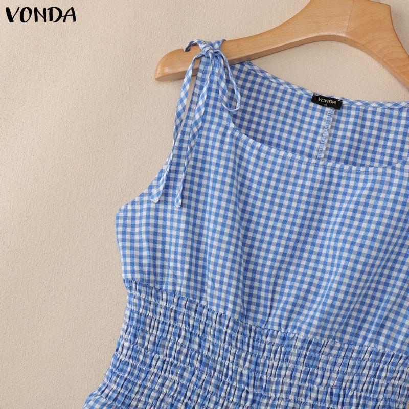 VONDA Women Sleeveless Elastic Waist Plaid Print Ruffled Casual Mini Tank Dress