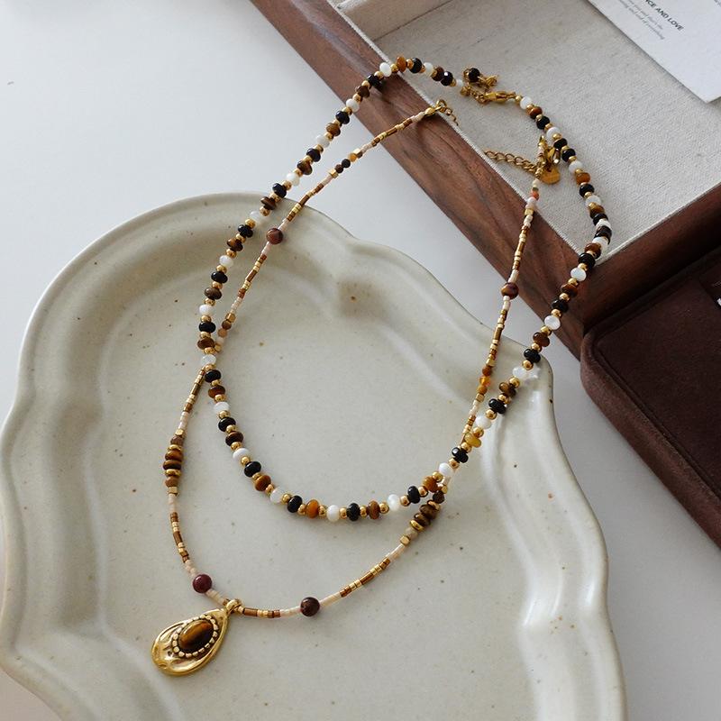 Ожерелье из бисера «Тигровый глаз» с овальным узором Майяра, цепочка для свитера премиум-класса из титановой стали, винтажный кофейный оттенок, натуральный камень, ключичная цепочка