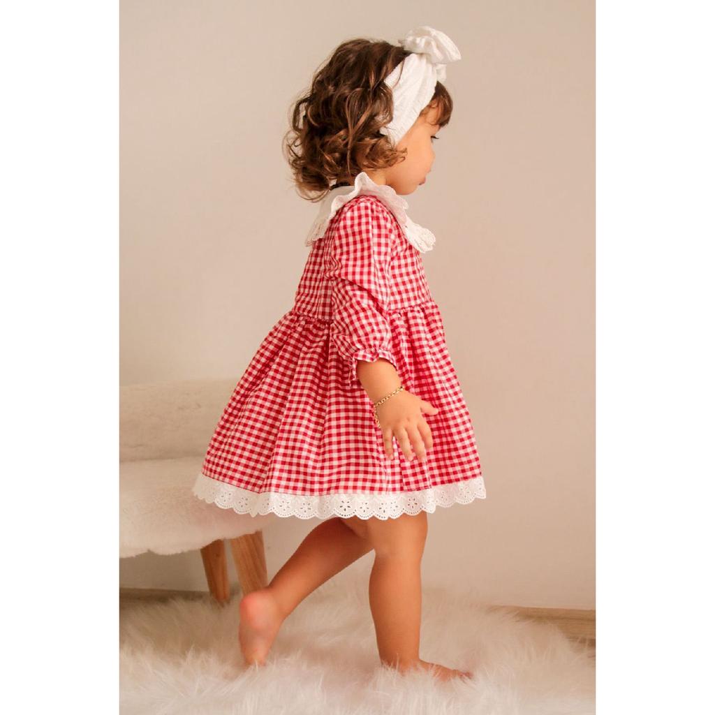 Baby Girl Red White Gingham Cherry Embroidered Ruffle Collar Dress