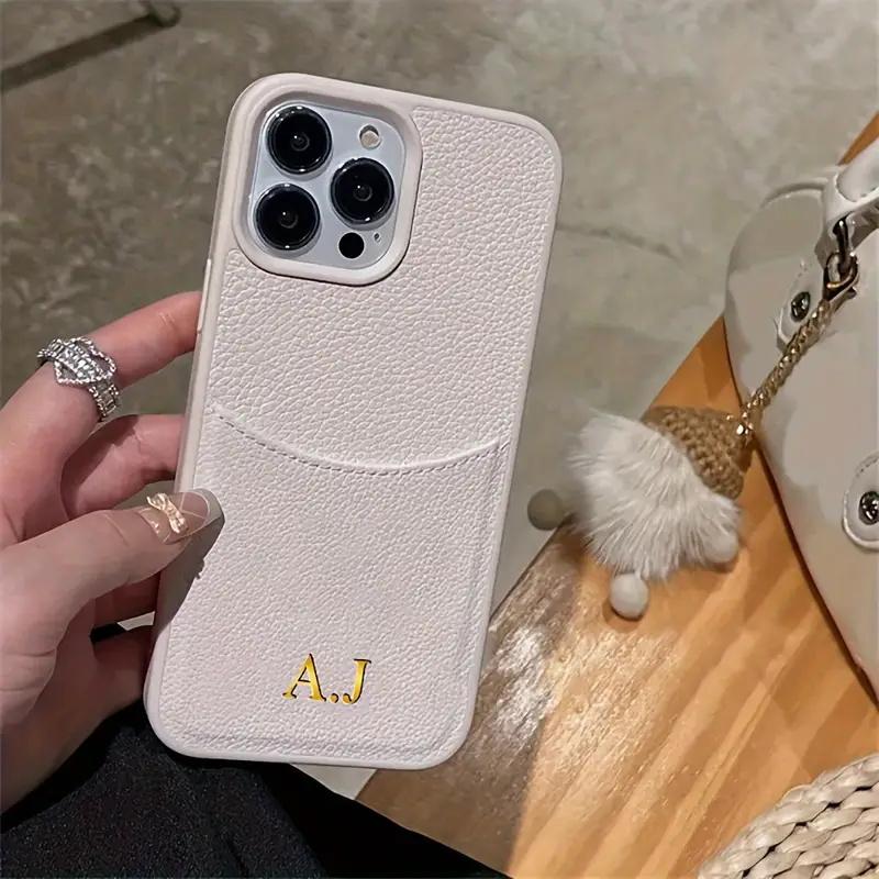 Персонализированный чехол с инициалом имени для iPhone 12 13 14 15 16 Pro Max Кожаная сумка с карманом для карт Чехол с узором личи