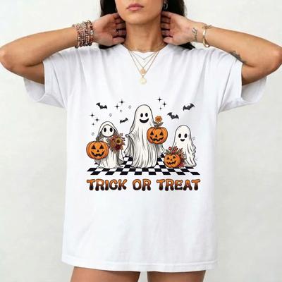 Ретро Футболка 'Trick Or Treat' Призрак Хэллоуинская Футболка - Забавная Жуткая Тыква Футболка