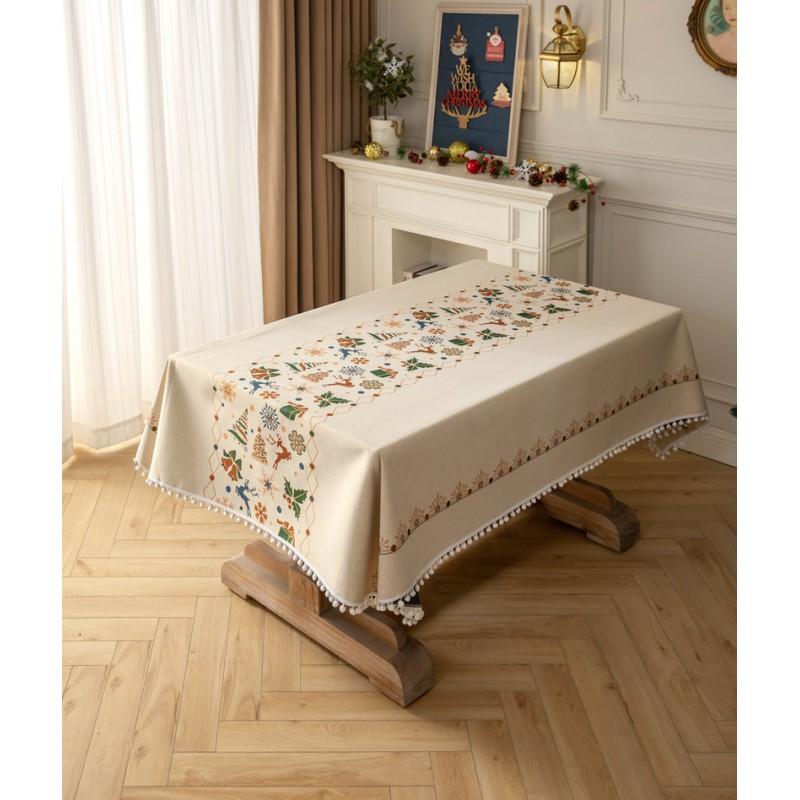Christmas Tablecloth Rectangular Woven Jacquard With White Pom Poms Floral Decorative Dining Table Cover